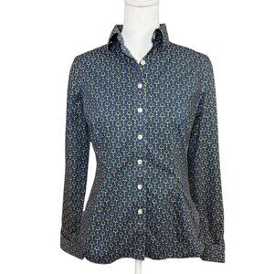 Lands End Women's 4P Fitted Button Up Shirt Equestrian Horse Bits Navy Blue Gold
